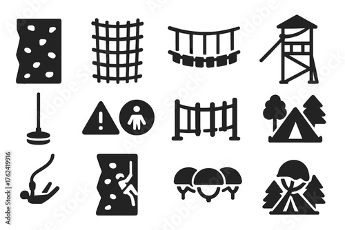 Adventure Park Icons. Solid style icons of Adventure Park: climbing wall, rope net, suspension bridge, zipline tower, swing rope,