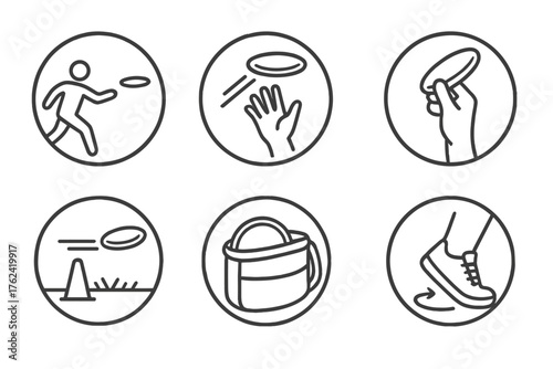 Flying Disc Activities. Line style round icons of flying disc: throw, catch, spin, park; disc in air, hand grip, jumping player,