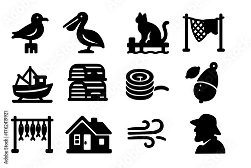 Seaside Life Icons. Solid style icons of Seaside Life: seagull on post, pelican, dock cat, drying nets, boatyard, stacked lobster