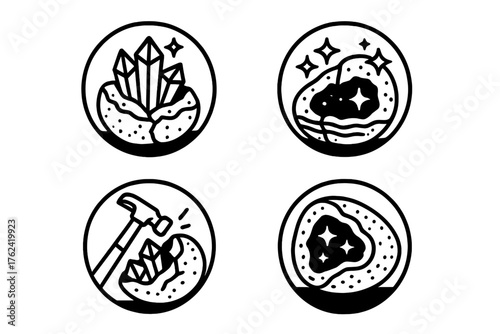 Geode Crystal Cross-section. Line style round icons of geode cracked: crystal, surprise, geology, rough exterior; sparkling core,