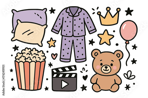 Slumber Party Doodle Set. Slumber party doodle icon set: hand drawn icons of pillows, pajamas, crown, star, balloon, popcorn,