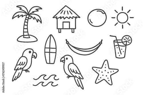 Island Doodle Icons. Island doodle icon set: hand drawn icons of palm tree, hut, coconut, hammock, surfboard, parrot, cocktail,