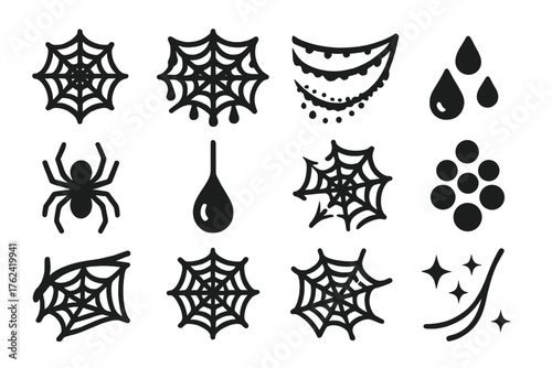 Spiderweb Dew Icons. Solid style icons of Spiderweb Dew: web circle, web with droplets, morning mist web, suspended drops, spider