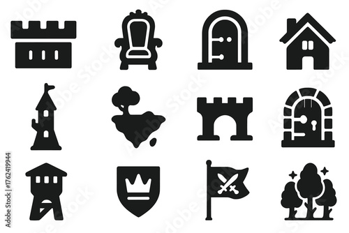 Fantasy Kingdom Icons. Solid style icons of Fantasy kingdom and realms: castle wall, royal throne, ancient gate, village roof,