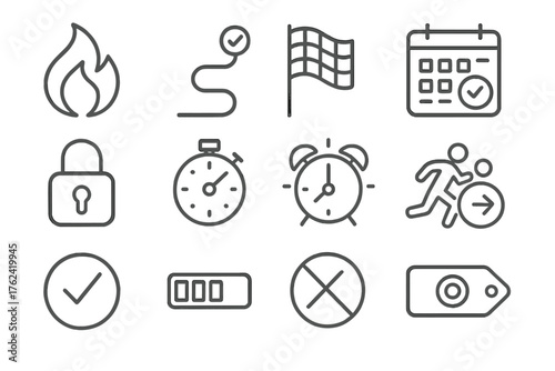 Motivation and Discipline Icons. Line style round icons of motivation and discipline: fire icon, checkmark path, finish flag,