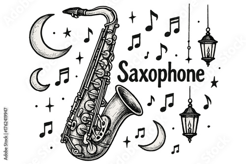 Saxophone Celestial Harmony. Hand-drawn saxophone with moons, notes, and lanterns, center word “Saxophone” in black and white