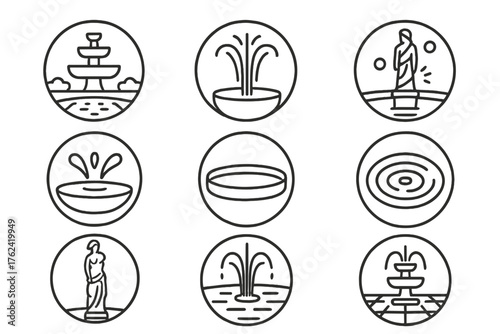 Fountain Line Art Icons. Line style round icons of fountain: plaza, water jet, sculpture, coins; basin, splash, stone edge, ripple