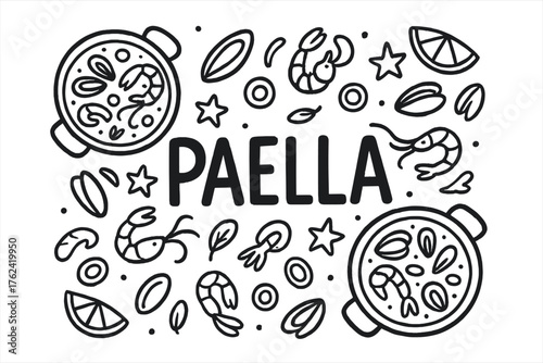 Starry Seafood Paella. Doodle spanish paella with stars, seafood, and pans, center word “Paella” in black and white isolated