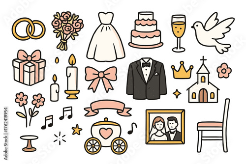 Wedding Doodle Collection. Wedding doodle icon set: hand drawn icons of rings, bouquet, wedding dress, cake, champagne glass, dove