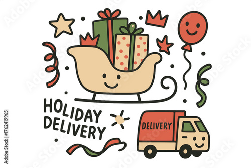 Festive Delivery Doodle. Holiday delivery illustration doodle style: hand drawn sleigh with smile, crown, star, balloon, gifts,