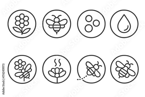Pollination Icons. Line style round icons of pollination process: flower, bee, pollen, nectar; landing, transfer, bloom, buzz;