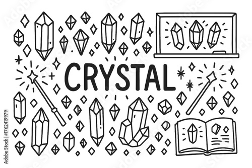 Crystal Classroom Doodle. Doodle crystal classroom with gems, wands, and sparks, center word “Crystal” in black and white isolated