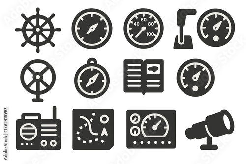 Zeppelin Control Icons. Solid style icons of Zeppelin navigation and control: steering wheel, altimeter dial, speed gauge,