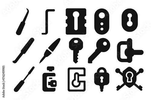 Locksmith Tools Icons. Solid style icons of Locksmith tools and symbols: lockpick, tension wrench, ward template, lock mechanism,