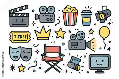 Film Doodle Icons. Film doodle icon set: hand drawn icons of clapperboard, camera, reel, popcorn, soda, ticket, crown, star,