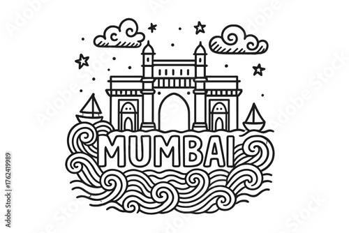 Mumbai Gateway Doodle. Doodle mumbai gateway of india with waves, stars, and boats, center word “Mumbai” in black and white