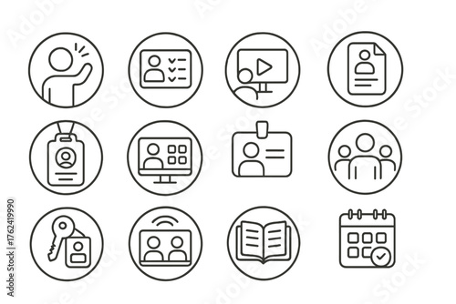 Employee Onboarding Icons. Line style round icons of employee onboarding: welcome icon, checklist card, orientation video,