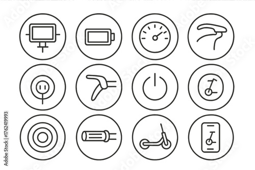 Electric Scooter Icons. Line style round icons of electric scooter comparison: display screen, battery icon, speed dial, thumb