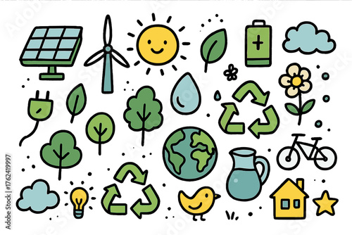 Eco Energy Icons. Eco energy doodle icon set: hand drawn icons of solar panel, wind turbine, smiling sun, battery, plug, leaf,