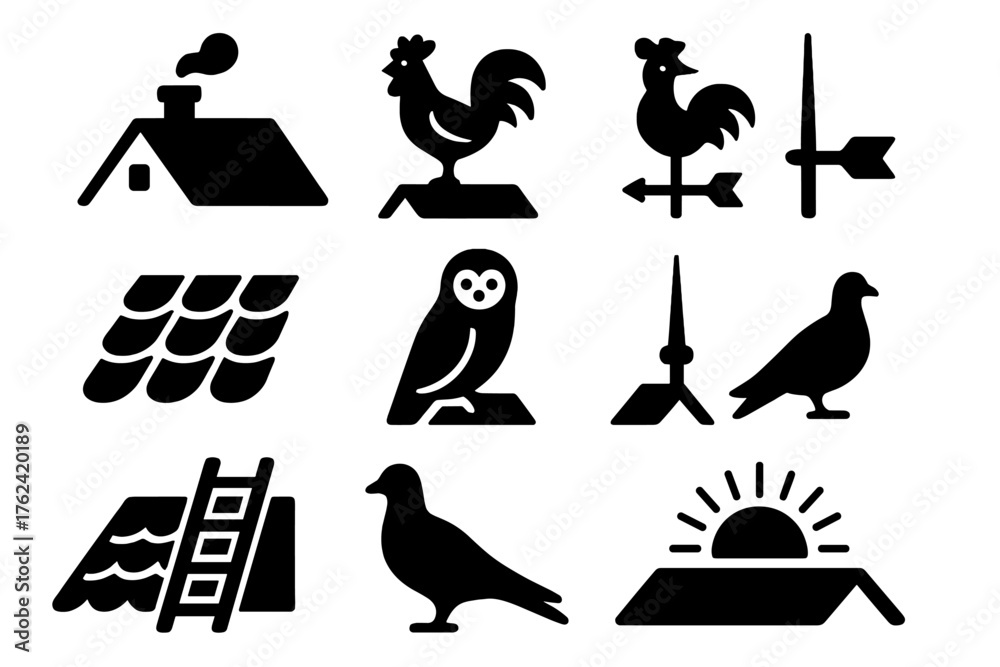 Fototapeta premium Farmhouse Rooftop Silhouette. Solid style icons of Farmhouse Rooftop: shingled roof, chimney smoke, perched rooster, weather vane