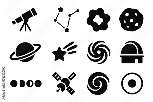 Astronomy Exploration Icons. Solid style icons of Astronomy exploration: telescope, constellation, nebula, asteroid, planet with