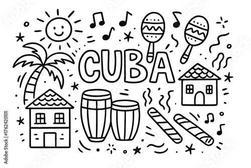 Cuban Music Doodle. Doodle cuban music with maracas, cigars, and tropical houses, center word “Cuba” in black and white isolated