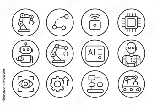 Robotics and AI Icons. Line style round icons of robotics and AI: robotic arm, motion path, smart sensor, automation chip; task