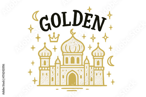 Golden Palace Illustration. Hand-drawn golden palace with moons, crowns, and sparkles, center word “Golden” in black and white