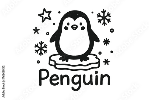 Penguin Doodle Art. Doodle penguin with stars, ice, and snowflakes, center word “Penguin” in black and white isolated transparent