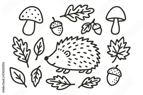 Autumn Hedgehog Doodles. Autumn hedgehog doodle icon set: hand drawn icons of hedgehog, mushrooms, acorns, and leaves. isolated