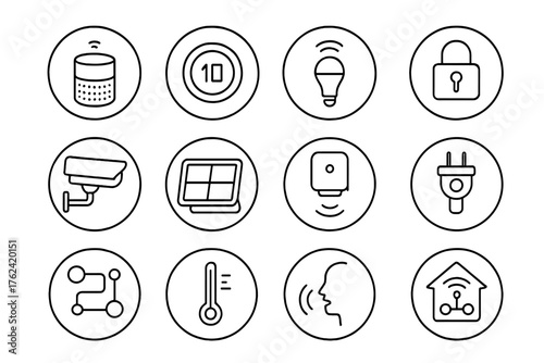 Smart Home Icons. Line style round icons of smart home devices: smart speaker, thermostat icon, smart lightbulb, connected lock;