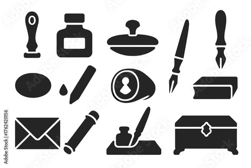 Historical Writing Icons. Solid style icons of Historical writing tools: sealing wax, ink pot, blotter, letter opener, paperweight