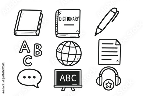 Language Doodle Icons. Language doodle icon set: hand drawn icons of book, dictionary, pen, letters, globe, paper, speech bubble,