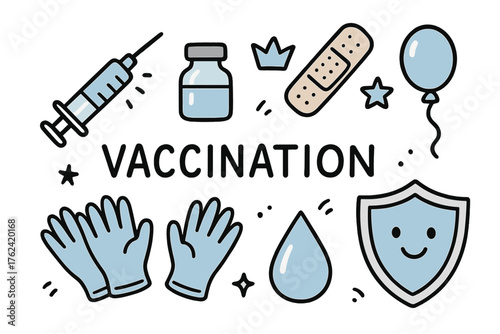 Vaccination Doodles. Vaccination doodle icon set: hand drawn icons of syringe, vial, bandage, crown, star, balloon, gloves, drop,