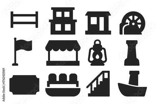 Paddleboat Icon Set. Solid style icons of Paddleboat Structure: side railing, upper cabin, wheelhouse, paddle enclosure, flagpole,