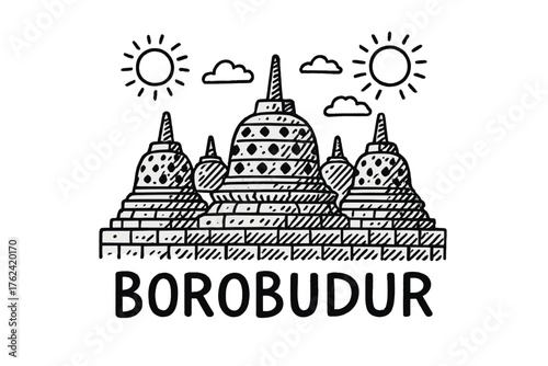 Borobudur Temple Illustration. Hand-drawn borobudur temple with stupas, suns, and clouds, center word “Borobudur” in black and