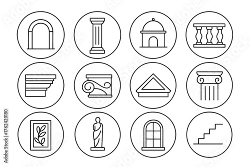 Architectural Outline Icons. Line style round icons of architectural elements: arch, column, dome, balustrade; cornice, molding,