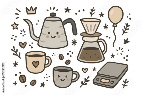Cute Coffee Doodle. Coffee brewing illustration doodle style: hand drawn kettle with smile, crown, star, balloon, dripper, mugs,