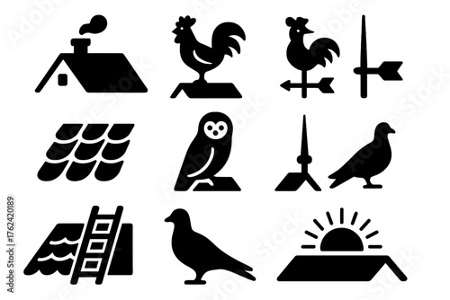 Farmhouse Rooftop Silhouette. Solid style icons of Farmhouse Rooftop: shingled roof, chimney smoke, perched rooster, weather vane