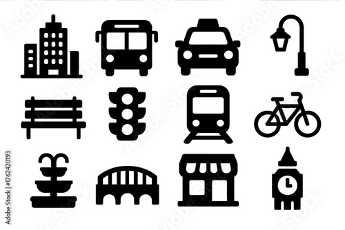 Urban Icons Collection. Solid style icons of Urban city life: skyscraper, bus, taxi, street lamp, bench, traffic light, subway