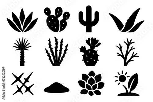 Desert Plant Icons. Solid style icons of Desert Flora: agave plant, prickly pear, saguaro silhouette, aloe vera leaf, yucca stem,