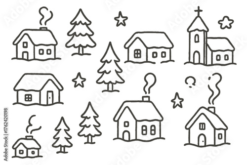 Snowy Village Icons. Snowy village doodle icon set: hand drawn icons of small houses, church, pine trees, smoke, and stars.