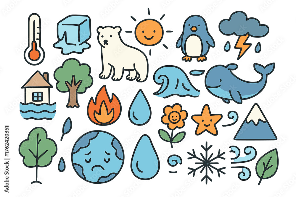Naklejka premium Climate Doodle Icon Set. Climate doodle icon set: hand drawn icons of thermometer, melting ice, polar bear, penguin, whale, sun,
