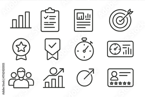 Workplace Performance Icons. Line style round icons of workplace performance: bar chart, KPI sheet, report icon, success tracker;