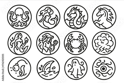 Mythical Sea Creatures. Line style round icons of folklore creatures: kraken, mermaid, sea dragon, kelpie; naga, sea witch, giant