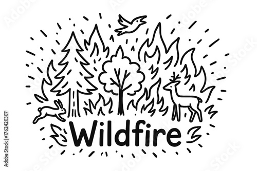 Doodle Wildfire Scene. Doodle wildfire with trees, sparks, and animals, center word “Wildfire” in black and white isolated