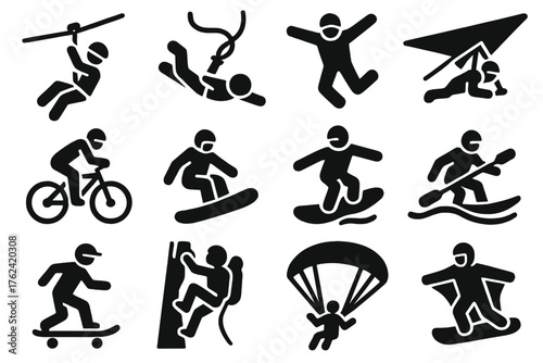 Extreme Sports Icons. Solid style icons of Extreme Sports: zipline, bungee jump, skydiver, hang glider, mountain biker,