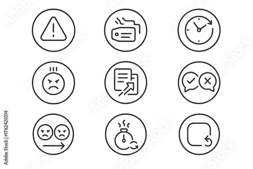 Difficult Client Scenarios Icons. Line style round icons of difficult client scenarios: warning icon, dispute tag, delay clock,
