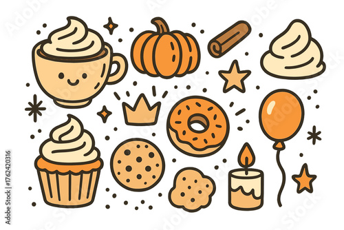 Pumpkin Spice Doodles. Pumpkin spice doodle icon set: hand drawn icons of latte cup with smile, pumpkin, cinnamon stick, whipped