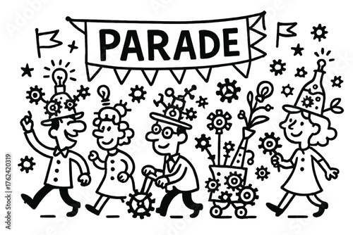 Inventor Parade Doodle. Doodle inventor parade with hats, gears, and banners, center word “Parade” in black and white isolated